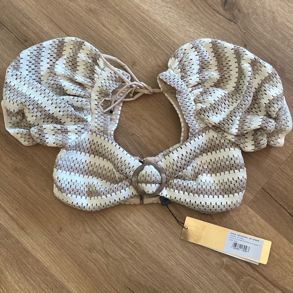 NWT PatBo Striped Crochet tan cream natural puff sleeve crop top sz 8 40